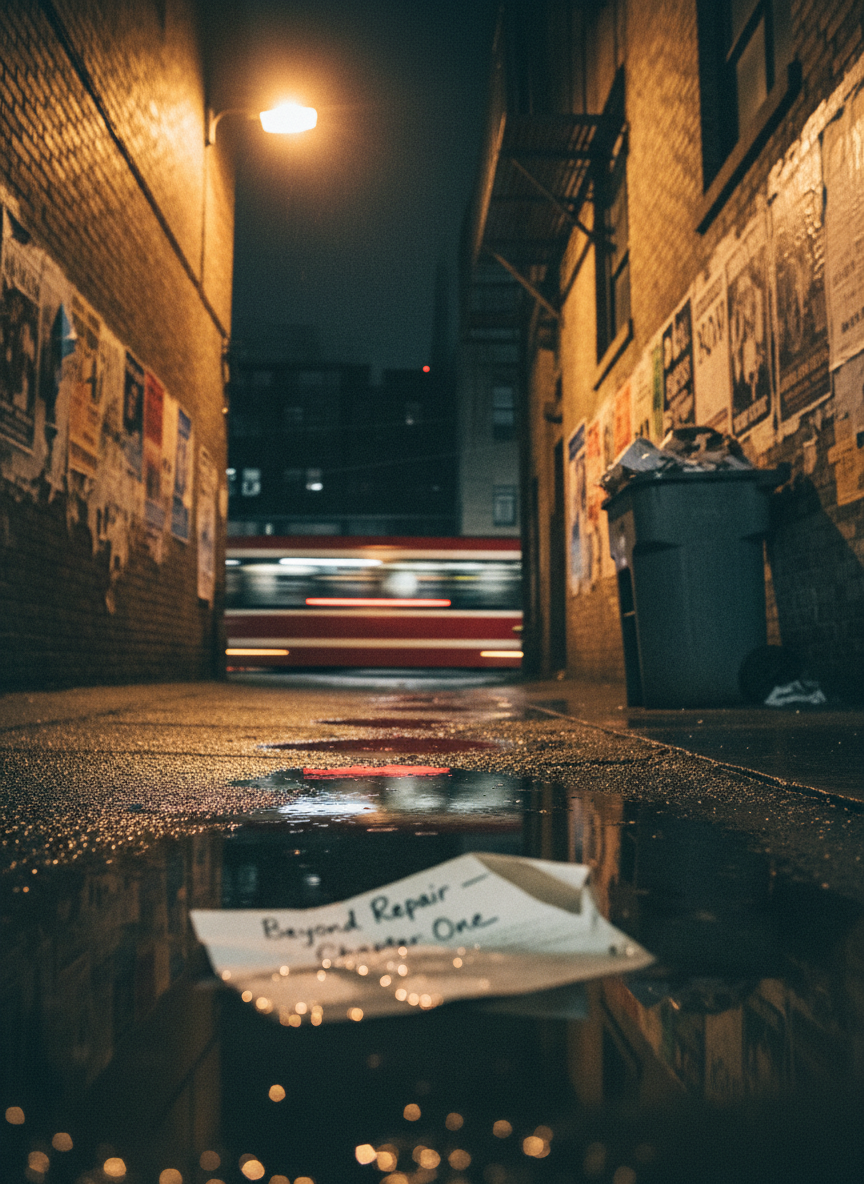 A rain-slicked Toronto alleyway from the late 1970s, photographed at night, with glistening puddles reflecting the red and white glow of a passing streetcar in the distance. Brick walls, worn posters, and a dented metal garbage bin line the narrow passage. A discarded, crumpled manuscript page with the words “Beyond Repair – Chapter One” lies in the foreground, ink slightly smudged by rain. Sodium-vapor streetlights cast a harsh, yellow-orange light, creating deep, angular shadows and a cinematic, almost detective-thriller mood. Photographic realism with a low-angle perspective and strong depth of field draws the eye from the wet paper in the foreground to the blurred urban light in the distance.