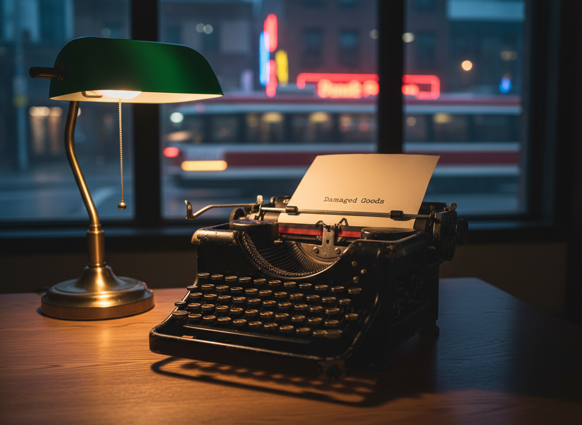 A meticulously detailed vintage typewriter, its black metal body slightly worn at the edges, sits on a heavy oak desk in a modest Toronto apartment. A single sheet of slightly yellowed paper is rolled into the carriage, bearing the bold, typed title “Damaged Goods” at the top. Outside the window, out of focus, neon streetlights and a blurred streetcar hint at a late-1970s city night. Warm, low tungsten lamp light falls across the keys, creating sharp, cinematic shadows and metallic highlights. Photographic realism, eye-level composition with shallow depth of field, emphasizes the typewriter’s texture and the quiet, focused mood of a crime writer at work, without showing any person.