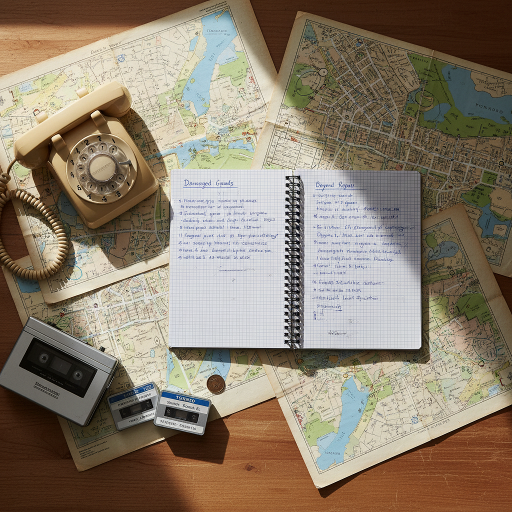 An overhead photographic view of a 1970s Toronto writer’s desk, crowded but organized, featuring a spiral-bound notebook filled with handwritten chapter outlines labeled “Damaged Goods” and “Beyond Repair.” Around it lie dog-eared city maps of Toronto, a rotary telephone, a small portable cassette recorder with labeled interview tapes, and a faded subway token. Soft, diffused morning light from an unseen window washes across the wooden surface, creating gentle, natural shadows and a contemplative, professional mood. Photographic realism with sharp focus across the frame emphasizes the textures of paper, metal, and plastic, giving a documentary-like glimpse into the meticulous planning behind gritty urban fiction, all without any visible person.