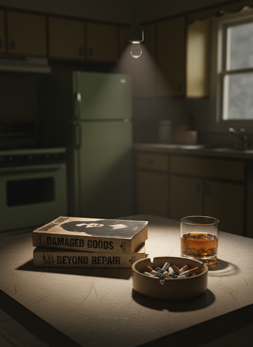 A stack of two well-worn paperback novels titled “Damaged Goods” and “Beyond Repair” rests on a scratched laminate kitchen table typical of late-1970s Toronto apartments. Beside the books, a ceramic ashtray overflows with stubbed-out cigarettes, and a half-drunk glass of amber whisky catches the light. The background shows an out-of-focus, narrow galley kitchen with avocado-green appliances and dim ceiling light. A single overhead bulb casts moody, cinematic lighting, pooling highlights on the book covers and deep shadows around them. Photographic realism, slightly elevated angle using rule-of-thirds composition, creates a tense, gritty atmosphere that evokes noir fiction without including any human presence.
